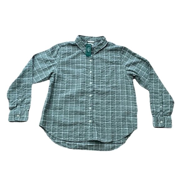 L.L. Bean Seersucker Shirt Long Sleeve Button Sage Green Small Petite Plaid New - Picture 1 of 11